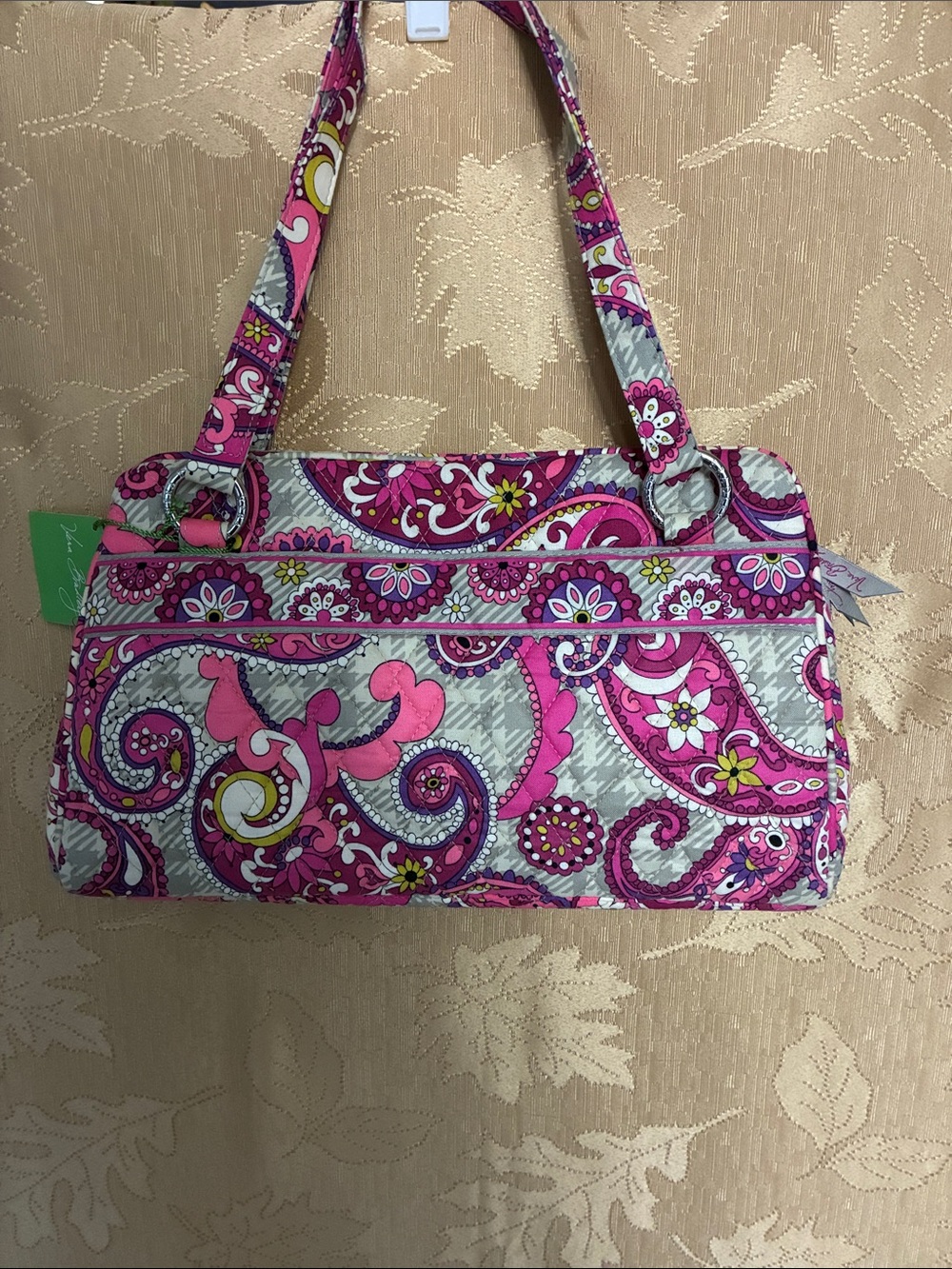 Vera Bradley Pink Paisley Quilted Shoulder Bag with Yellow Accents